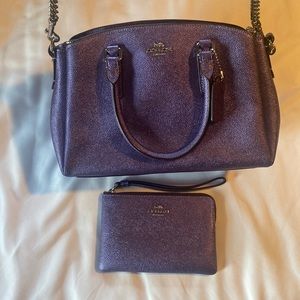 Purple Metallic Coach purse and wristlet set